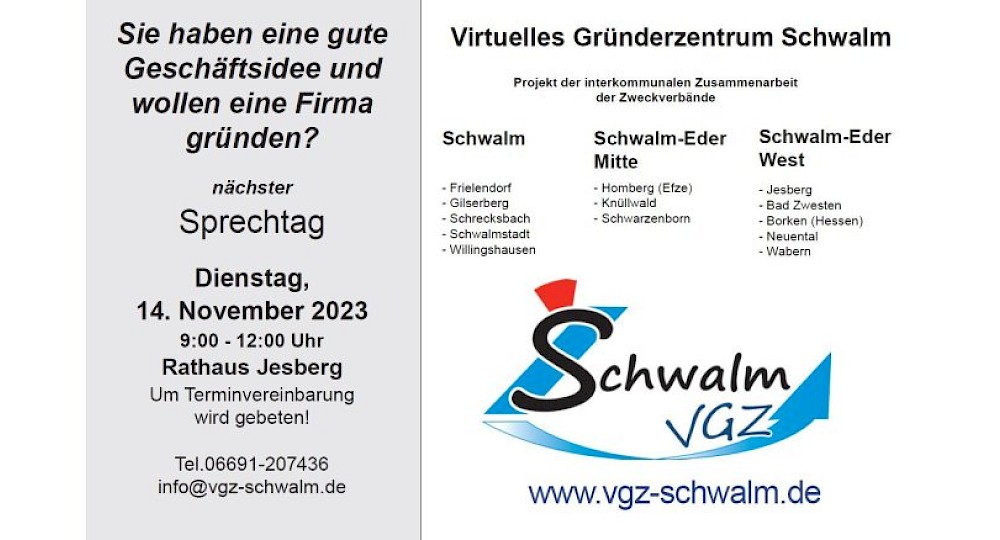Sprechtag f&uuml;r Existenzgr&uuml;nder*innen am 14. November 2023 im Rathaus Jesberg